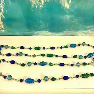 Blue Green Long Vintage Beaded Silver Tone Glass Necklace 30”